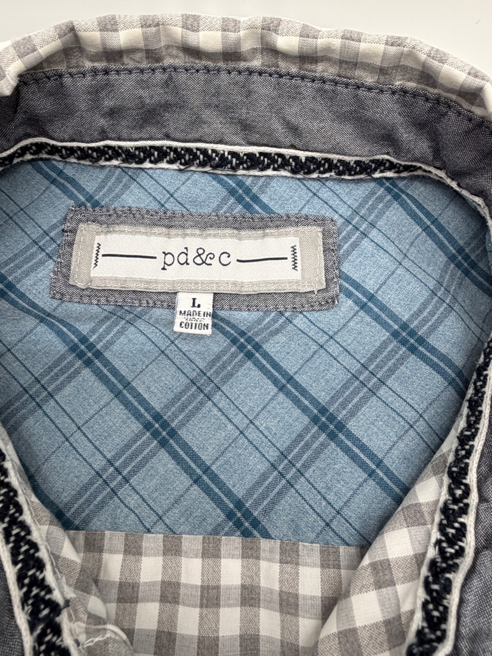 Men's Large Gingham Plaid Long Sleeve Button Down Shirt Gray White Blue Trim ** - Picture 3 of 7